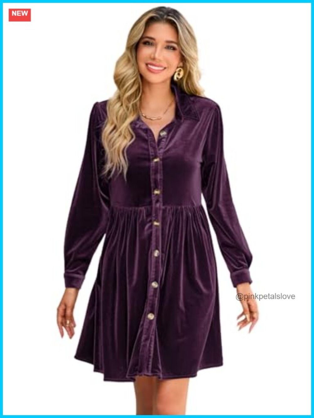 Velvet Button Down Mini Dress Long Sleeve Swing Shirt Dress